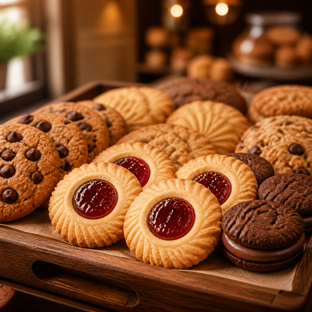A tray of baked cookies with a warm cookie shop feel
